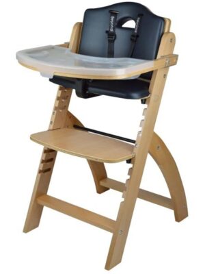 Abiie Beyond Junior Wooden High Chair with Tray. The Perfect Adjustable Baby Highchair Solution Natural Wood/Black Cushion