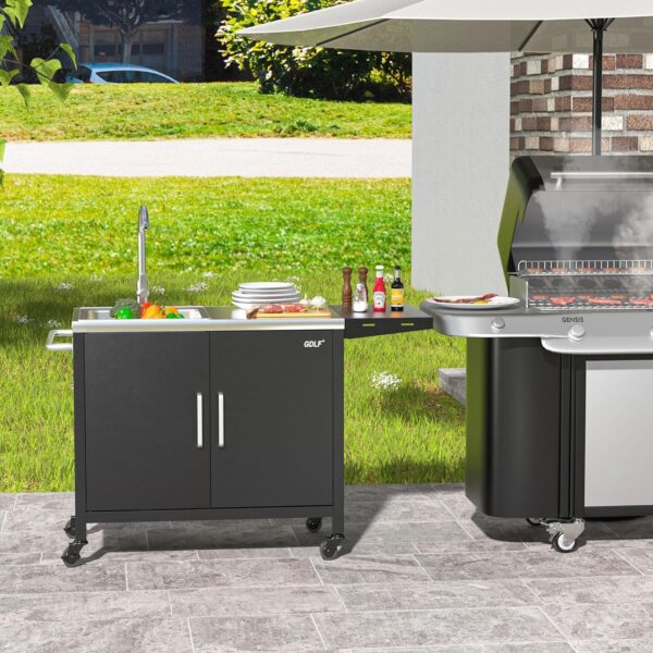 Outdoor Grill Table with Stainless Steel Sink – Metal Grill Cart Kitchen Island