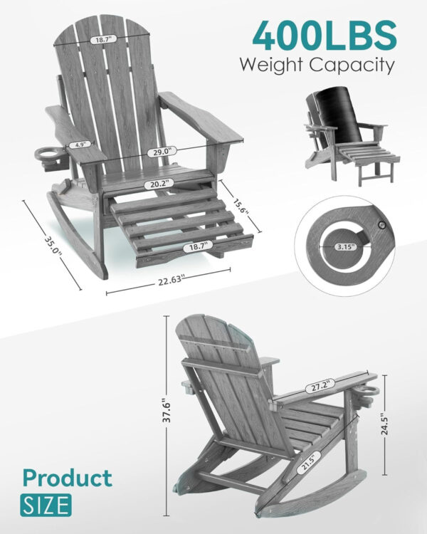 32e6c9648d0046ccbc167066ad70108e Folding Adirondack Rocking Chair,4-in-1 Multifunctional Patio Chair with Retractable Ottoman, Outdoor Chair Wood Texture, Lawn Chair for Porch, Backyard, Pool(Grey)