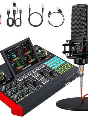 Podcast Equipment Bundle,with 3.5mm Condenser Microphone & Live Sound Card – Audio Mixer for Streaming, PC/Mobile Live Singing, Gaming Content Creators, Soundboard with USB Computer Interface