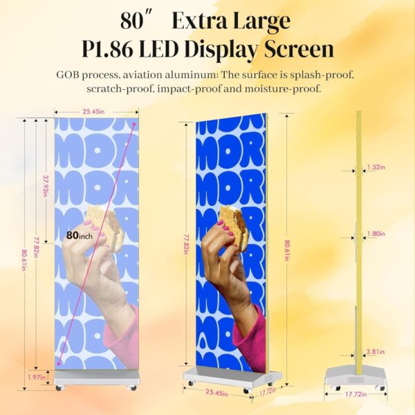 80′′ P1.86 Flexible Spliceable LED Poster Display – USB Plug-and-Play, Mobile & PC Remote Control, Digital Signage Advertising Screen (Silver, 1-Pack)