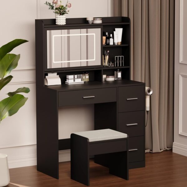 33ae1aefe3db4c1bb83b939c4b0367c7 Vanity Desk with a Mirror and Lights,with Chair and Four Drawers, Three Adjustable Lighting Modes,with Power Outlet and Sliding LED Mirror,Bedroom Vanity Desk (White)