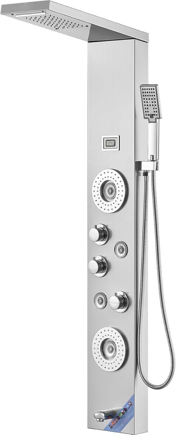 Shower Panel System, 6 Shower Modes, LED & Display Shower Panel Tower, Rainfall, Waterfall, 4 Body Massage Jets, Tub Spout, Handheld Shower Head 59′′ Hose, Stainless Steel Wall-Mounted Shower Set
