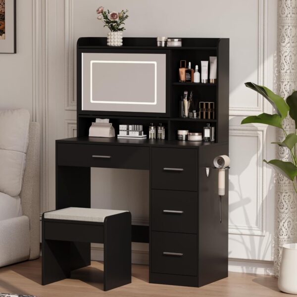 34f1d7b51e2a495f9edf1ddbc955f3f7 Vanity Desk with a Mirror and Lights,with Chair and Four Drawers, Three Adjustable Lighting Modes,with Power Outlet and Sliding LED Mirror,Bedroom Vanity Desk (White)