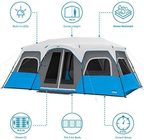 CORE Instant Cabin Tents with LED Lights | 6 Person / 9 Person / 12 Person Family Multi Room Lighted Pop Up Tents for Camping | Included Storage Pockets for Camping Accessories