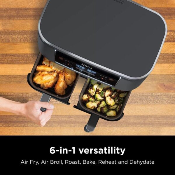 35934d7159bb4d96b768af362b30436b DZ401 Foodi 10 Quart 6-in-1 DualZone XL 2-Basket Air Fryer with 2 Independent Frying Baskets, Match Cook & Smart Finish to Roast, Broil, Dehydrate for Quick, Easy Family-Sized Meals, Grey