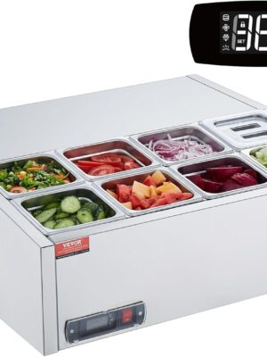 Refrigerated Condiment Prep Station, 135 W Countertop Refrigerated Condiment Station, with 2 1/3 Pans & 4 1/6 Pans, 304 Stainless Body and PC Lid, Sandwich Prep Table with Stainless Guard, ETL