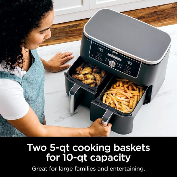 35d643d020184dadabdc4b2ea2b69b81 DZ401 Foodi 10 Quart 6-in-1 DualZone XL 2-Basket Air Fryer with 2 Independent Frying Baskets, Match Cook & Smart Finish to Roast, Broil, Dehydrate for Quick, Easy Family-Sized Meals, Grey