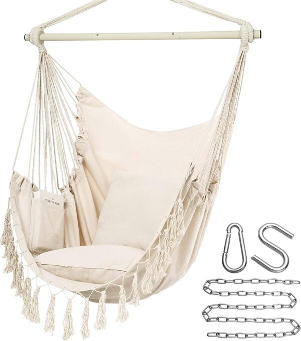 3602b3da61114bd9b782973f1fdbb773 Y- Stop Hammock Chair Hanging Rope Swing, Max 500 Lbs, 2 Cushions Included, Large Macrame Hanging Chair with Pocket for Superior Comfort, with Hardware Kit (Beige)