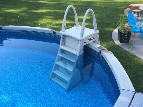 Confer Plastics 7200 Roll Guard 48′′ to 56′′ Adjustable A Frame Safety Ladder for Above Ground Outdoor Patio Swimming Pool Platform Ladder with Step Barrier, Warm Grey...