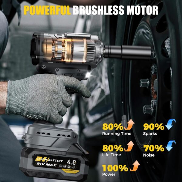 Cordless Impact Wrench, 1200Nm(900ft-lbs) High Torque 1/2” Impact Wrench, 21V Brushless Electric Impact Gun with 2Pcs 4.0Ah Batteries, 1 Hour Fast Charger, 5 Sockets, Power Impact Driver for Car Home