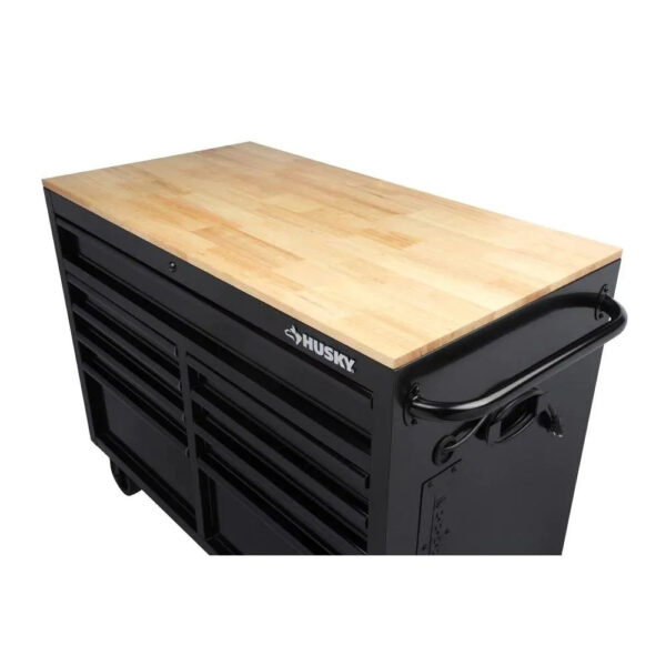 37f9128b2a2d4b168638625433ccdf5b 46 in. W x 24.5 in. D 9-Drawer Gloss Black Deep Tool Chest Mobile Workbench with Hardwood Top and Power Station