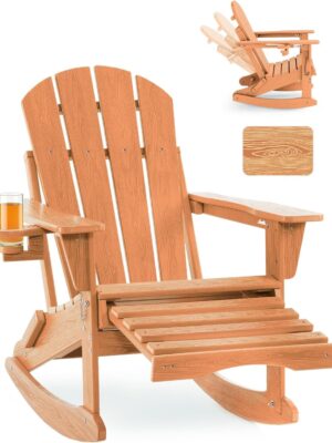 Folding Adirondack Rocking Chair,4-in-1 Multifunctional Patio Chair with Retractable Ottoman, Outdoor Chair Wood Texture, Lawn Chair for Porch, Backyard, Pool(Grey)