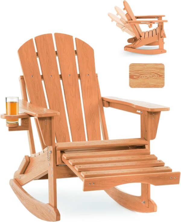 3829b02d2e7b4a80b9a7c716bb8b40a3 Folding Adirondack Rocking Chair,4-in-1 Multifunctional Patio Chair with Retractable Ottoman, Outdoor Chair Wood Texture, Lawn Chair for Porch, Backyard, Pool(Grey)