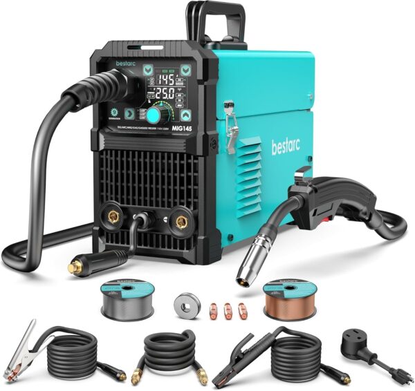 38d48d39dad0402681599c3aa0c80fda 145A MIG Welder, 110V/220V Dual Voltage Gas/Gasless Flux Core MIG Welder/Lift TIG/Stick 3 in 1 Synergic MIG145 9GEN Welding Machine, Flux/Solid Welder Digital Screen Display