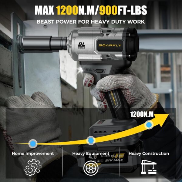Cordless Impact Wrench, 1200Nm(900ft-lbs) High Torque 1/2” Impact Wrench, 21V Brushless Electric Impact Gun with 2Pcs 4.0Ah Batteries, 1 Hour Fast Charger, 5 Sockets, Power Impact Driver for Car Home