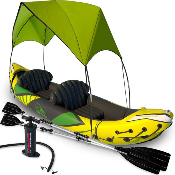 38e7a008e88248cd82f049b228213840 KP Inflatable Kayak 2 Person with Sun Canopy (Detachable) + Kayaks for Adults + 3rd Seat for Dog/Child + Waterproof Phone Bags + Adjustable Seats + Kayak + Backrests & More + New 2024 + Yellow Green