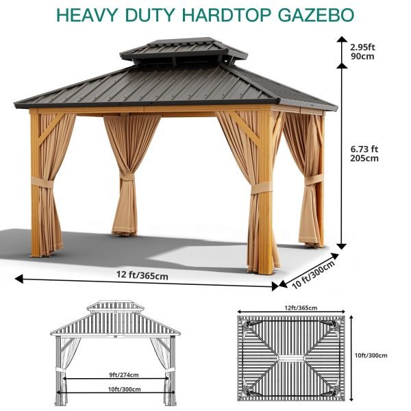 39de00d0b2064ff3b16c74a8f30047b5 10X13 FT Outdoor Galvanised Steel Hardtop Gazebo, Heavy Duty Double Roof Outdoor Gazebo with Netting and Sunshade Curtains, Aluminium Framed Gazebo for Patio, Terrace, Lawn and Deck, Khaki