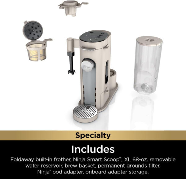 3a64b1efe4af483f9070db94f7b599ee Ninja Pod & Grounds Specialty XL Single-Serve Coffee Maker, K-Cup Pod Compatible, Brews Grounds, Compact Design, Built-In Milk Frother, 68-oz. Reservoir, 6-oz. Cup to 24-oz. Mug Sizes, Stone, PB055AST