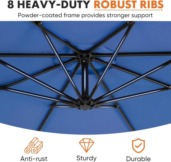 9.8FT Offset Patio Umbrella Hanging Cantilever Umbrella Outdoor Sun Shade with Easy Tilt Adjustment, 8 Ribs, UV Protection for Backyard, Lawn, Garden and Pool, Blue