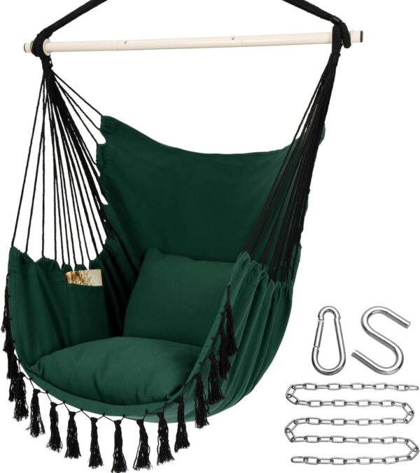 3ad9378d0f374b36844f2eb4333af126 Y- Stop Hammock Chair Hanging Rope Swing, Max 500 Lbs, 2 Cushions Included, Large Macrame Hanging Chair with Pocket for Superior Comfort, with Hardware Kit (Beige)
