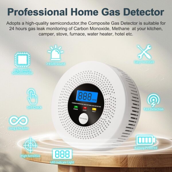 Natural Gas and Carbon Monoxide Detector 100% Battery-Powered CO&CH4 with LED Display and Audible Visual Alerts Methane Leak Sensor for Home RV Kitchen Apartment Safety (Includes Batteries)