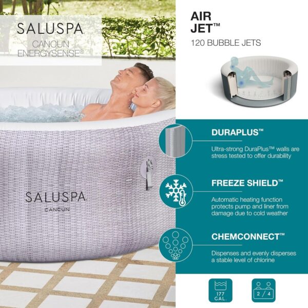 Bestway SaluSpa Fiji AirJet Large Round 2 to 4 Person Inflatable Hot Tub Portable Outdoor Spa with 120 AirJets and EnergySense Cover, Grey