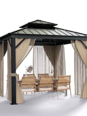10’x10′ Hardtop Gazebo with double metal roof, aluminum frame, net, and curtain. All-weather, ideal for patio, deck, garden, backyard. Khaki.