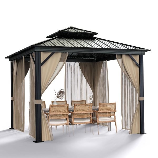 3b9d527ce6eb4146873fc338903535ac 10’x10′ Hardtop Gazebo with double metal roof, aluminum frame, net, and curtain. All-weather, ideal for patio, deck, garden, backyard. Khaki.