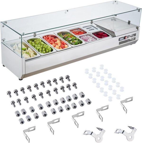 3ba7209395dc41c6b8cb185c02afe24a Refrigerated Condiment Prep Station, 135 W Countertop Refrigerated Condiment Station, with 2 1/3 Pans & 4 1/6 Pans, 304 Stainless Body and PC Lid, Sandwich Prep Table with Stainless Guard, ETL