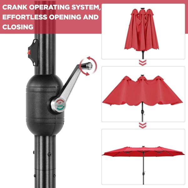 3bd9451d6e764014a92bb7bbdf15e059 15 ft Large Patio Umbrella with Solar Lights Double-Sided Outdoor Rectangle Market Umbrellas with 36 LED Lights/Base Included/Easy Crank for Patio Garden Yard Pool Lawn, Brown