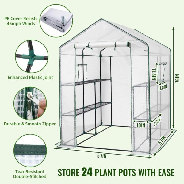 Greengro Greenhouse, 57 x 57 x 76” Greenhouses for Outdoors, Durable Green House Kit with Window, Thicken PE Cover, 3 Tiers 8 Shelves, Heavy Duty Walk in Green Houses for Indoor Backyard Outside