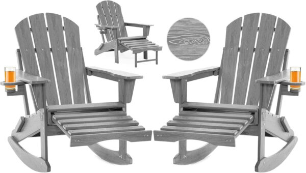 3bf4d959b462493eaa3770b7bc1e1f37 Folding Adirondack Rocking Chair,4-in-1 Multifunctional Patio Chair with Retractable Ottoman, Outdoor Chair Wood Texture, Lawn Chair for Porch, Backyard, Pool(Grey)