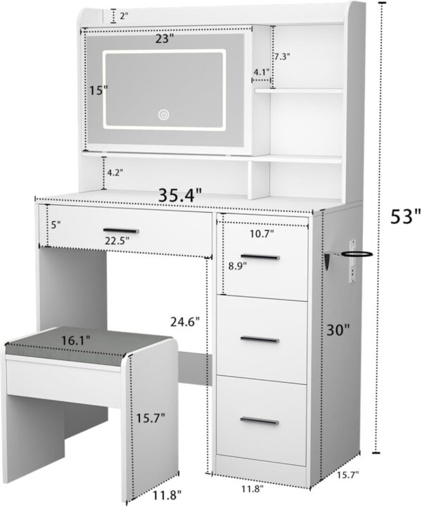 3c262012a72849c9b26238919e023eea Vanity Desk with a Mirror and Lights,with Chair and Four Drawers, Three Adjustable Lighting Modes,with Power Outlet and Sliding LED Mirror,Bedroom Vanity Desk (White)