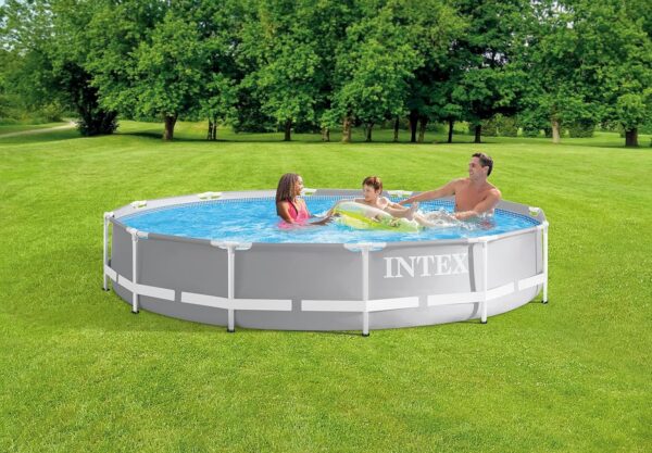 Intex Above Ground Swimming Pool, 12′ x 30′′, Prism Frame, Gray – Large Backyard Outdoor Round Summer Pool for Family, Easy Set Up, 24-Inch Deep Water
