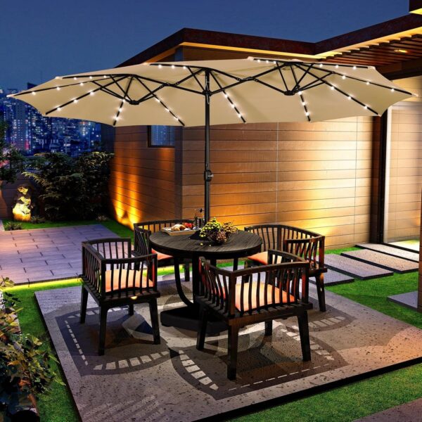 3d1a101364b24bdbaa2d0198f19254ad 15 ft Large Patio Umbrella with Solar Lights Double-Sided Outdoor Rectangle Market Umbrellas with 36 LED Lights/Base Included/Easy Crank for Patio Garden Yard Pool Lawn, Brown