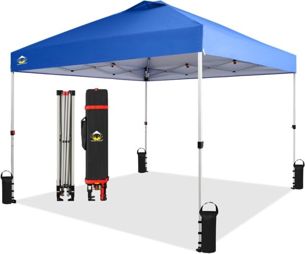 CROWN SHADES 10×10 Pop Up Canopy – Beach Tent with One Push Setup – Easy Outdoor Sun Shade for Events, Parties, Camping – Gazebo with STO-N-Go Cover Bag, Silver Coated Top, White