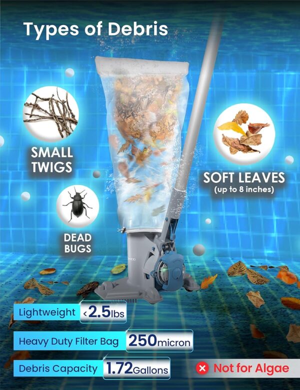 3d52bae5c49b4a64a0b4b06967a4258d KOKIDO Rechargeable Cordless Pool Leaf Vacuum, 30GPM Strong Suction, 75 min Runtime, XL Heavy Duty Filter Bag, Leaves and Debris Removal, for Above Ground Pool and Inground Pools XV410