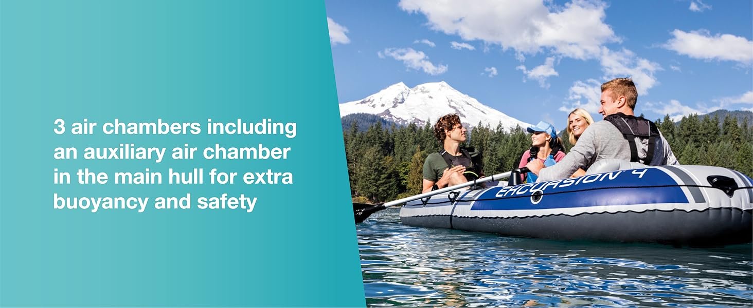 3 air chambers including an auxiliary air chamber in the main hull for extra buoyancy and safety