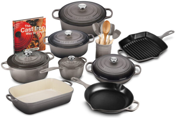 3d9f6968868d42f0b58c753de2a64ed4 20-piece Signature Cast Iron Cookware Set,10.25 Skillet,1.75-quart Saucepan with Lid