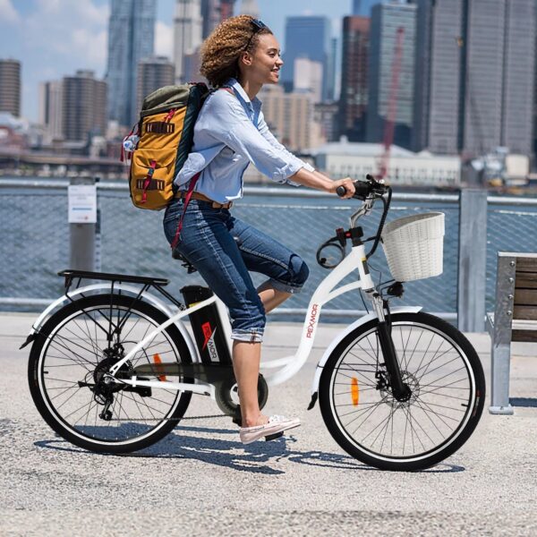 3da26fa08a8e4a248982f23520150088 350W Electric Commuter Bike for Adults, 26′′ Cruiser Ebike with 36V 12.5AH Removable Battery, Shimano 6-Speed, Dual Shock Absorber, Basket