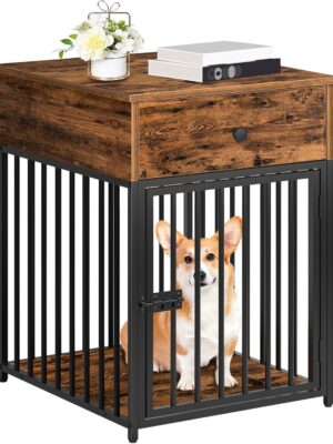 HOOBRO Dog Crate Furniture, Wooden Dog House, Decorative Dog Kennel with Drawer, Indoor Pet Crate End Table for Small Dog, Steel-Tube Puppy Cage, Chew-Proof, Rustic Brown and Black BF01GW03