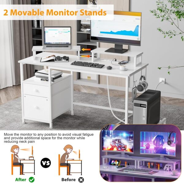 3e0c2ce7163a4498b056d1daba1c7141 Furologee Computer Desk with Drawer and Power Outlets, 47′′ Office Desk with 2 Monitor Stands and Fabric File Cabinet, Writing Gaming Table with Shelves and 2 Hooks for Home Office, Rustic Brown