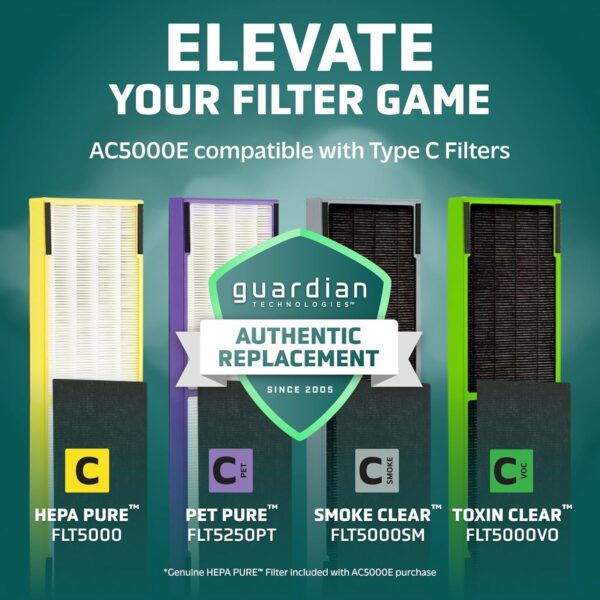 GermGuardian 5-In-1 HEPA Air Purifier for Home, Large Rooms Up To 915 Sq. Ft. with HEPA Pet Air Filter, UV-C Light & Odor Reduction, AC5250PT, 28′′ Tower, Black