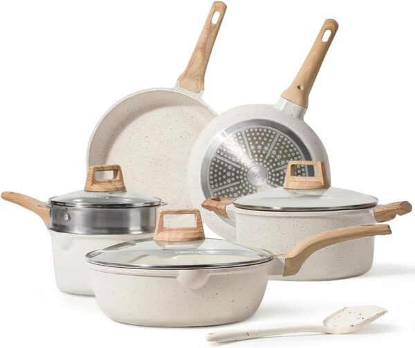 22pcs Pots and Pans Set Nonstick, Cookware Set White Granite Induction Kitchen Cooking Set w/Frying Pans & Saucepans& Grill Pan(PFOS, PFOA Free)