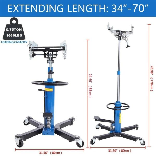 3f869329dd894efab6448f0674b5b3c8 1660 Pounds Hydraulic Car Transmission Jack Vertical Lift with 360° Swivel Wheel Pedal ,Blue,33′′-70′′(0.75Ton)
