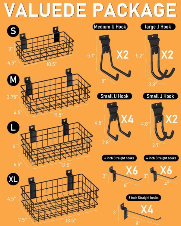 INCLY 30PCS Slatwall Accessories Set, Includes 4 Pack Ventilated Metal Wire Slatwall Baskets and 26PCS Multisized Heavy Duty Slatwall Hooks for Garage Rooms Shops Storage Organizing Display