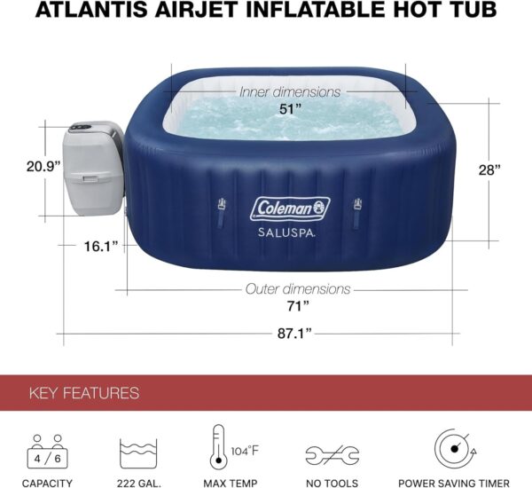 3ff4e96fabef414a9d5741d8ab789c19 4 to 6 Person Inflatable Hot Tub Square Portable Outdoor Spa with 114 Soothing AirJets and Insulated Cover, Gray-Coleman