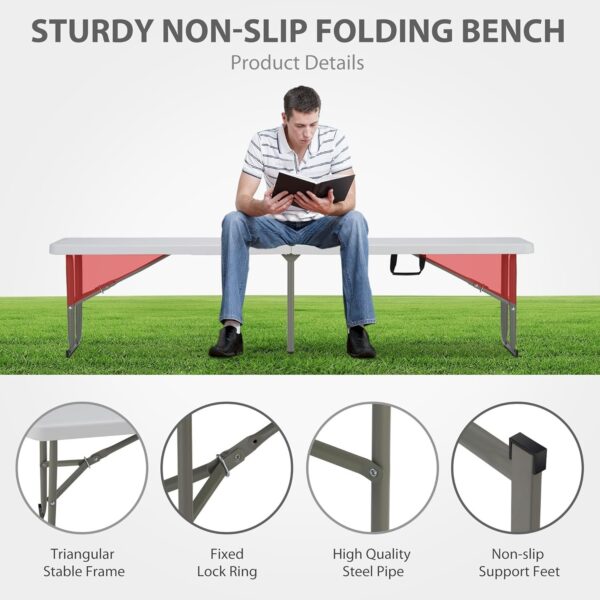 6ft Plastic Folding Bench with Carrying Handle & Lock, Portable Outdoor Bench in Garden Picnic Camping Dining Party Seat, Waterproof Bench for Soccer Activities, Firm and Durable(2 Pack A)