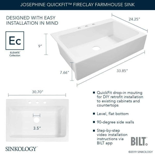 40d9d13eef4b42898dfccf17e4a8ce0d SINKOLOGY Josephine 34 in. 1-Hole Quick-Fit Farmhouse Apron Front Drop-in Single Bowl Crisp White Fireclay Kitchen Sink
